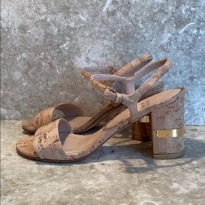Stuart Weitzman cork sandals with gold detail on heel
